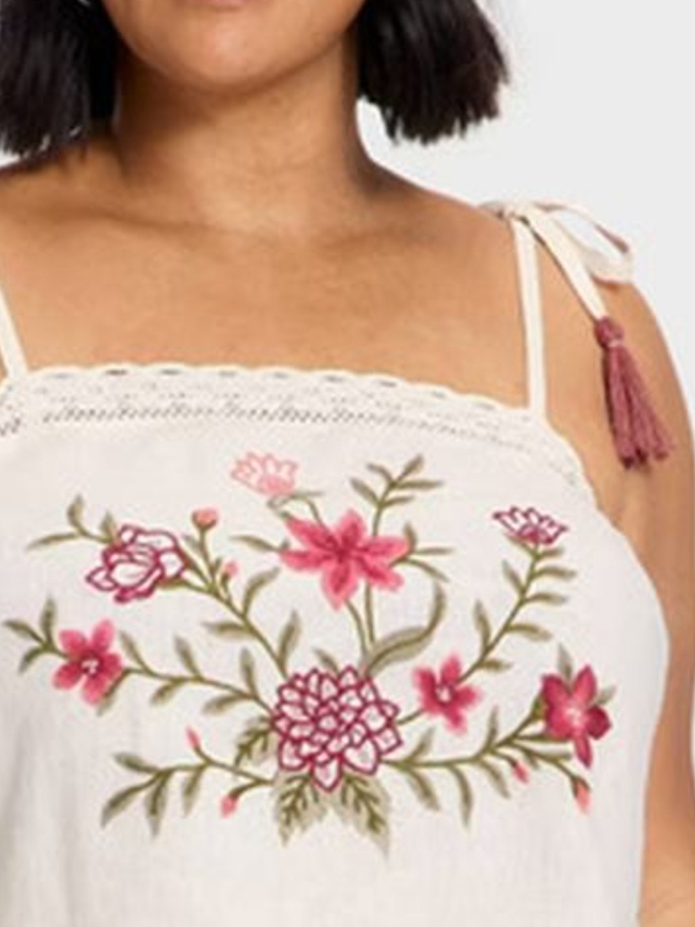 Embroidered Floral Tie-Shoulder Cami Top - Cream/Pink